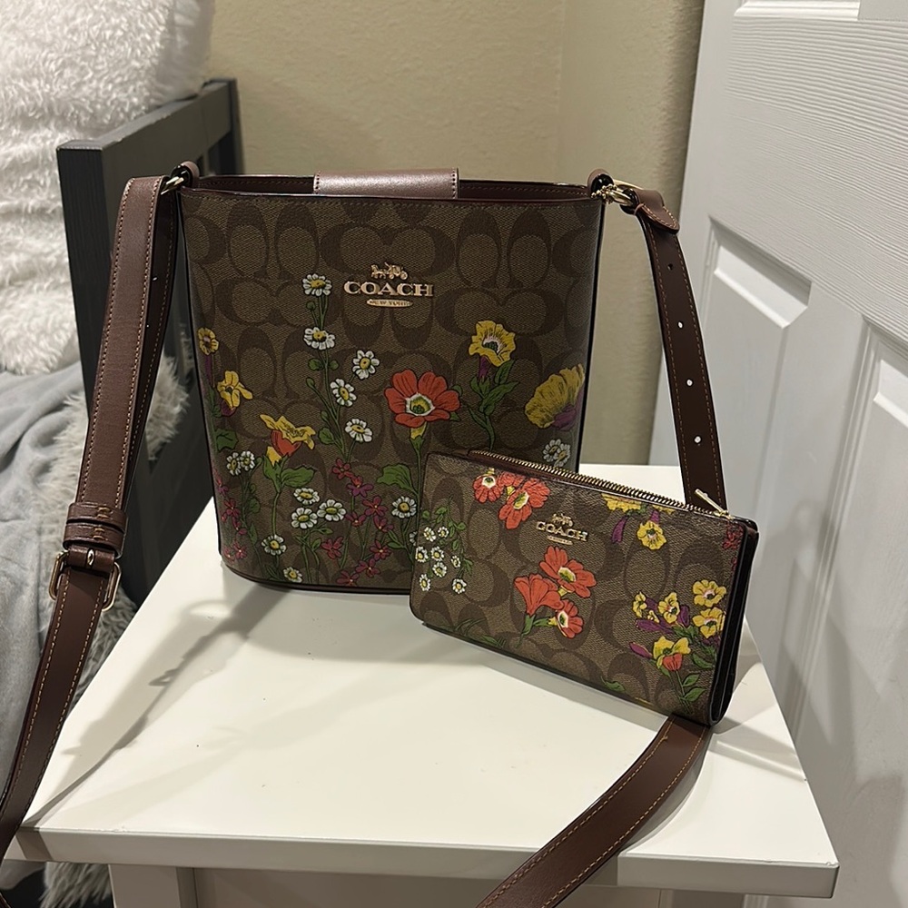 Coach Brown Floral Crossbody Bag and Wallet Set